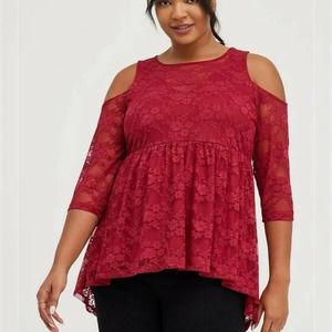 Torrid Off Shoulder Babydoll Stretch Floral Lace Top Red Size 0 (L/12)